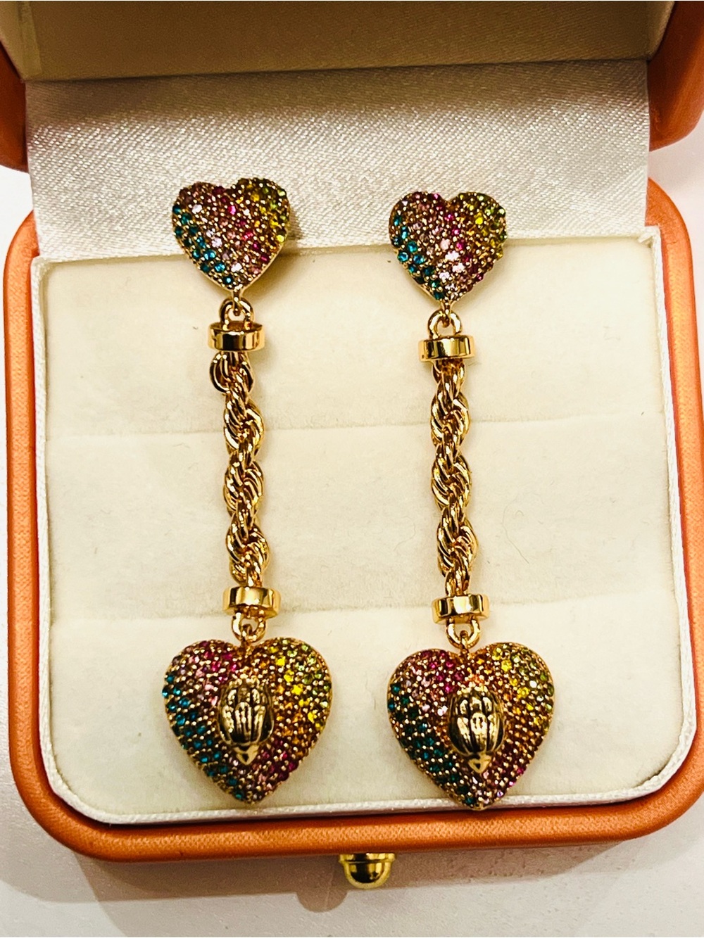 Kurt Geiger Gold-Tone Multicolor Crystal Heart Drop Earrings NWOT